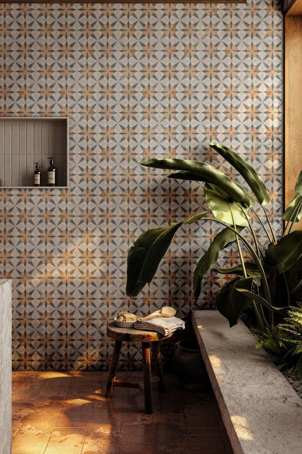 A relaxing modern bohemian bathroom featuring artistic details and natural elements.