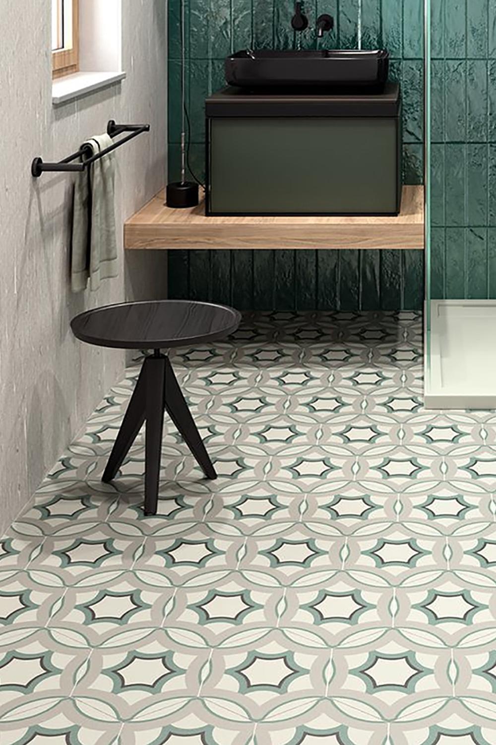 A stylish modern bohemian bathroom showcasing a floating vanity and eclectic decor.