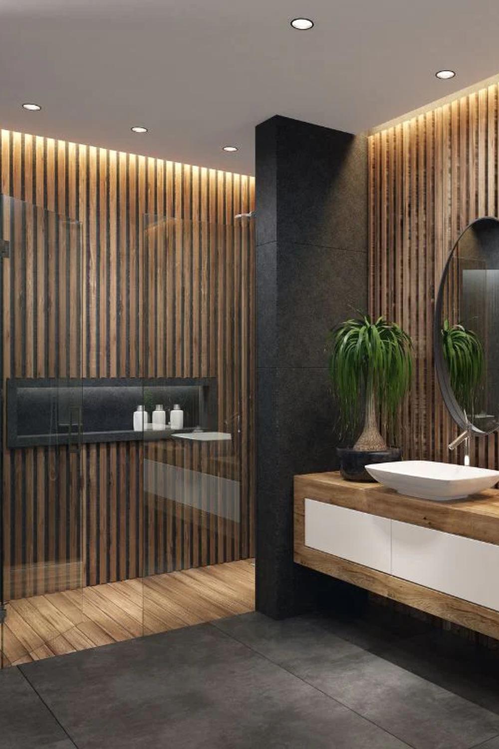 A harmonious modern bohemian bathroom featuring natural and modern elements.