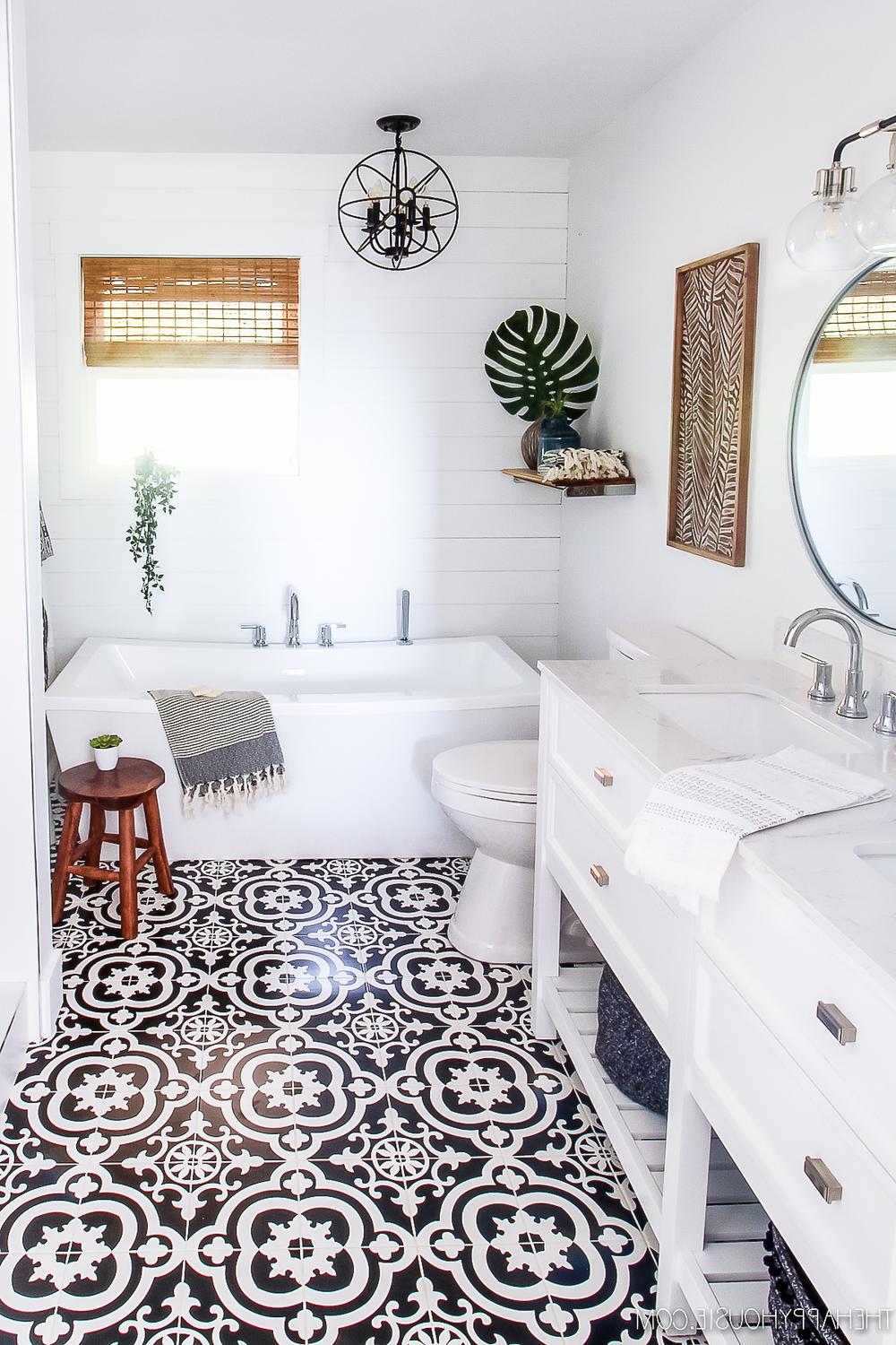A clean minimalist modern bohemian bathroom showcasing artistic flair and vibrant details.