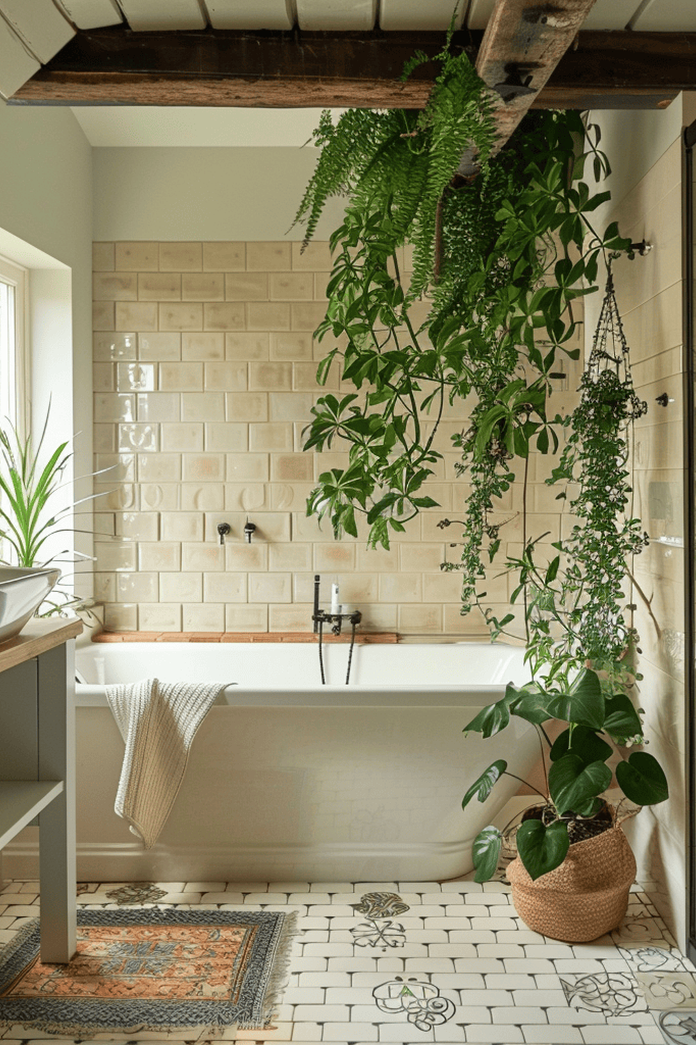 A modern cottage bathroom featuring a sleek, white freestanding bathtub with elegant black fixtures, beautiful beige tiles, and greenery.