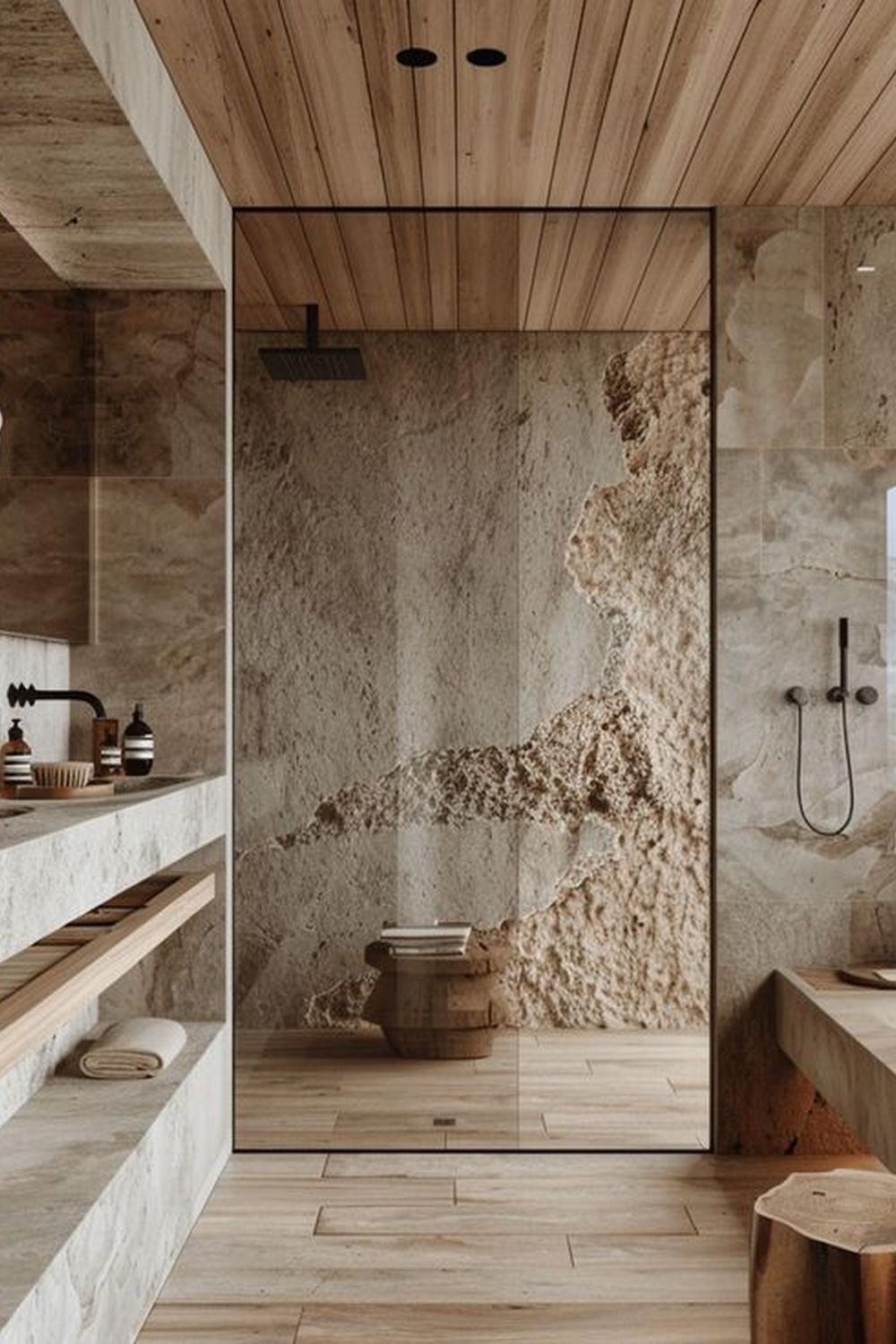 A minimalist modern cottage bathroom with a natural stone shower, sleek vanity, and wooden accents.