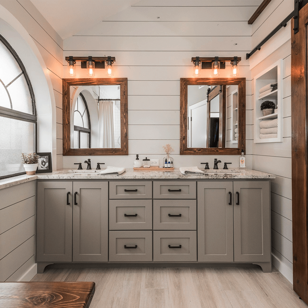 Modern farmhouse bathroom with a warm gray finish.