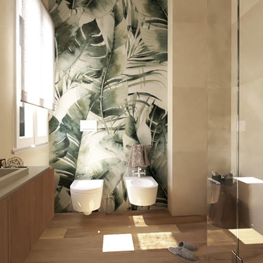 Baño moderno con mural tropical y luz natural