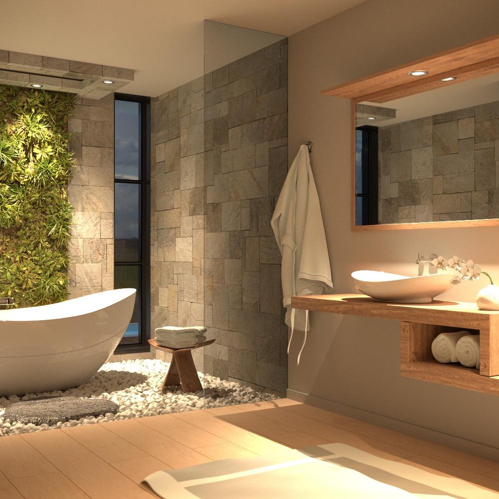 Baño moderno zen con bañera independiente y elementos naturales
