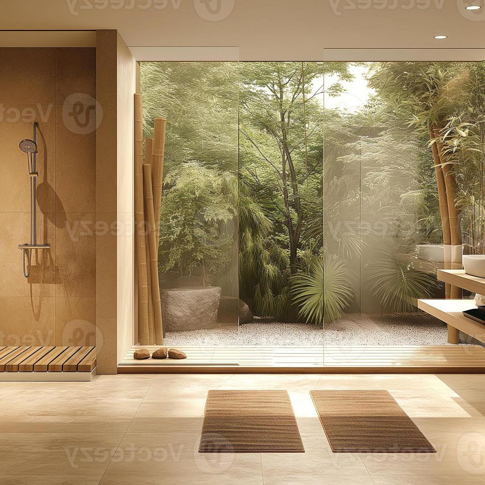 Baño moderno con conexión al exterior y materiales naturales