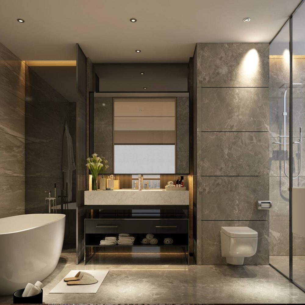 Baño zen elegante con materiales contemporáneos