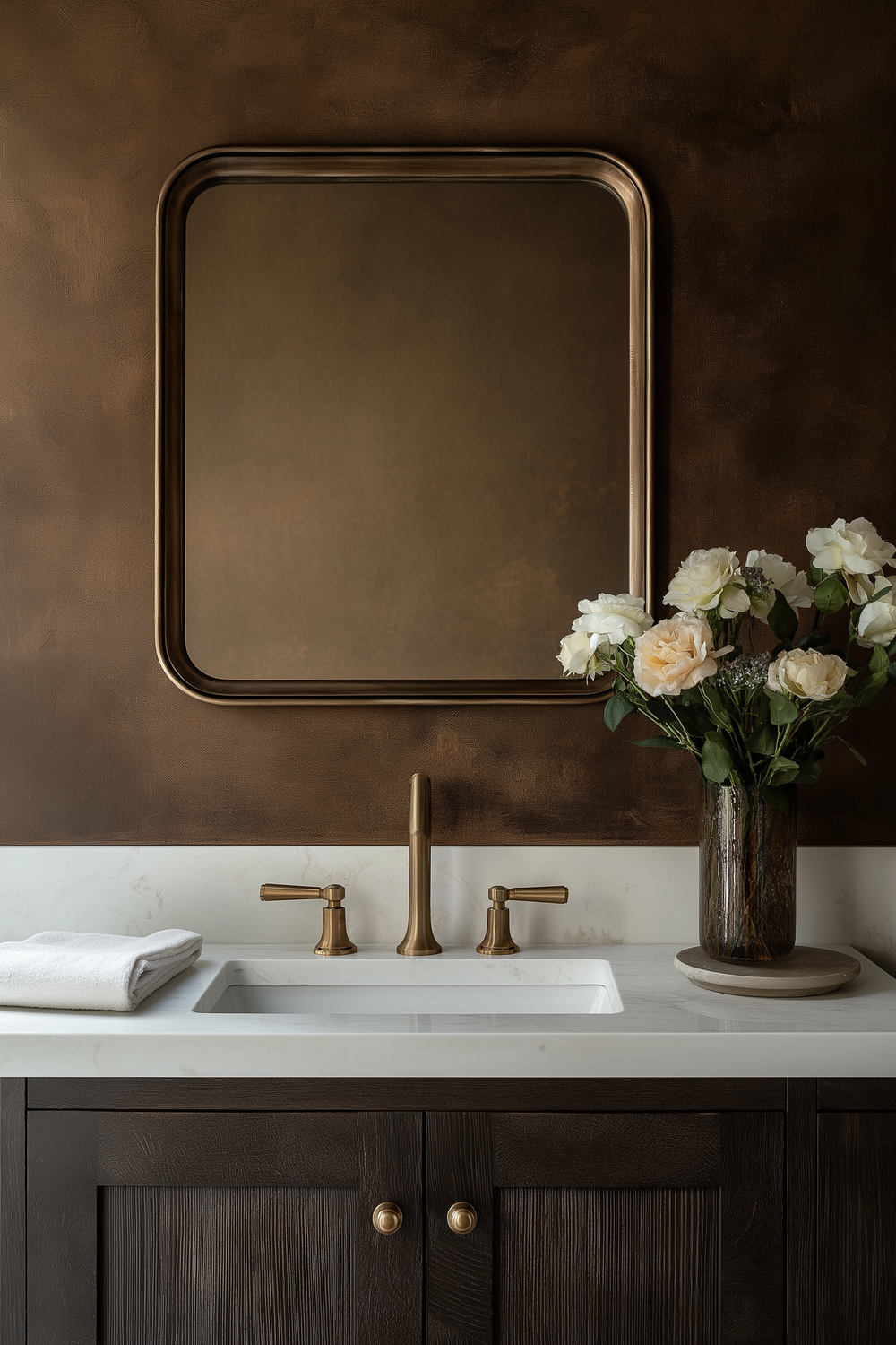 Warm-toned bathroom with dark brown walls and brass fixtures