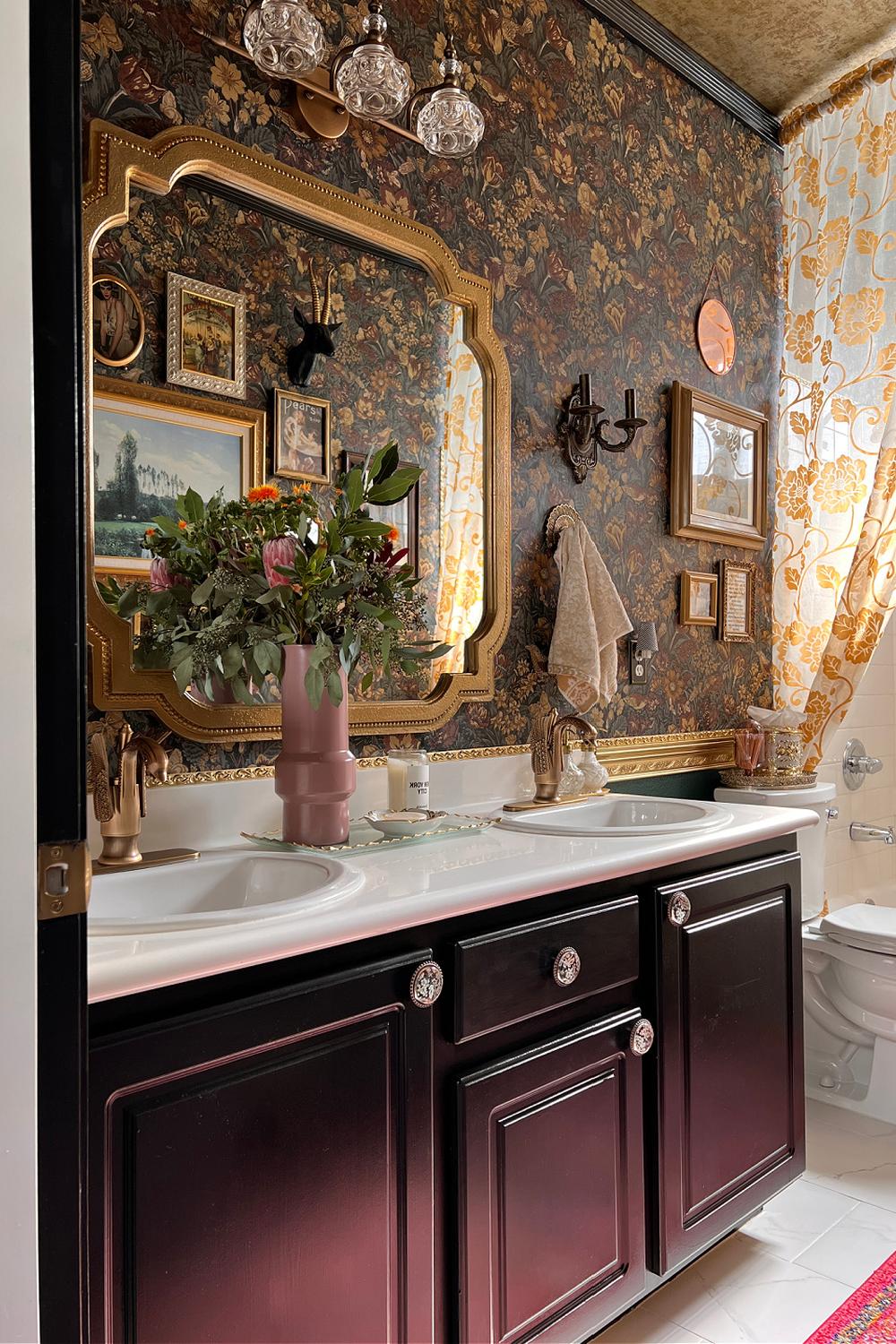 Vintage bathroom with modern fixtures and floral wallpaper