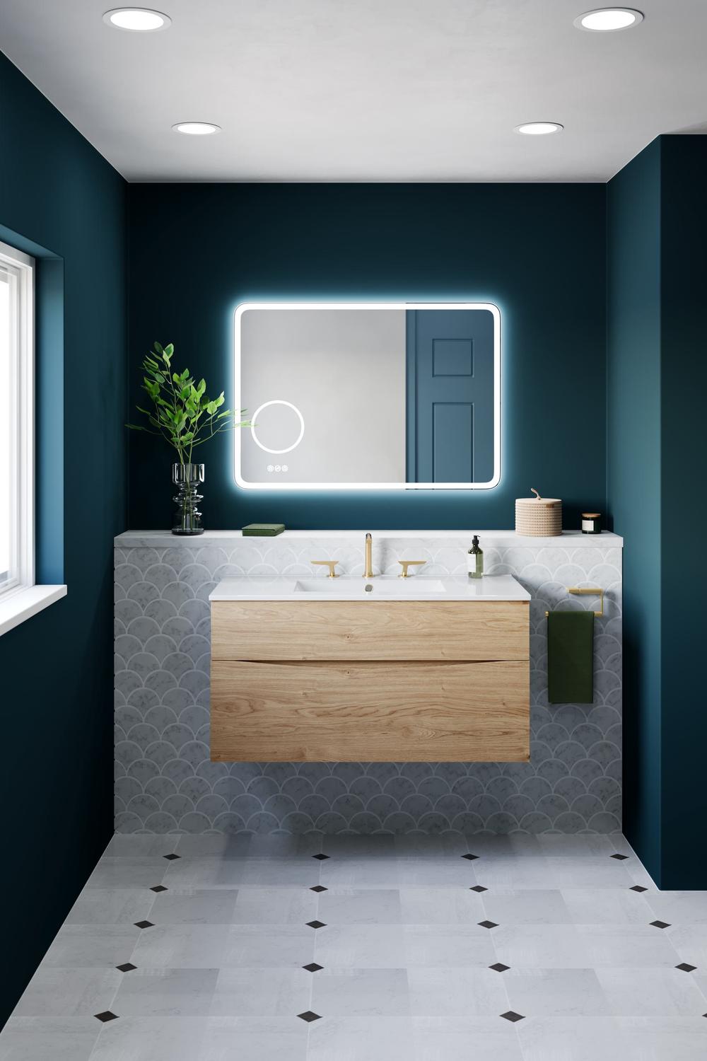 Bathroom featuring deep blue walls and light wood finishes