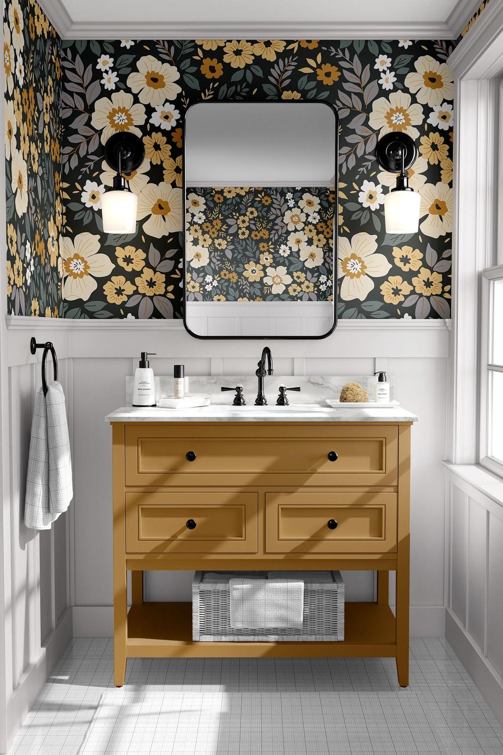 Baño moderno con papel pintado floral en tonos otoñales y mueble de baño de color mostaza