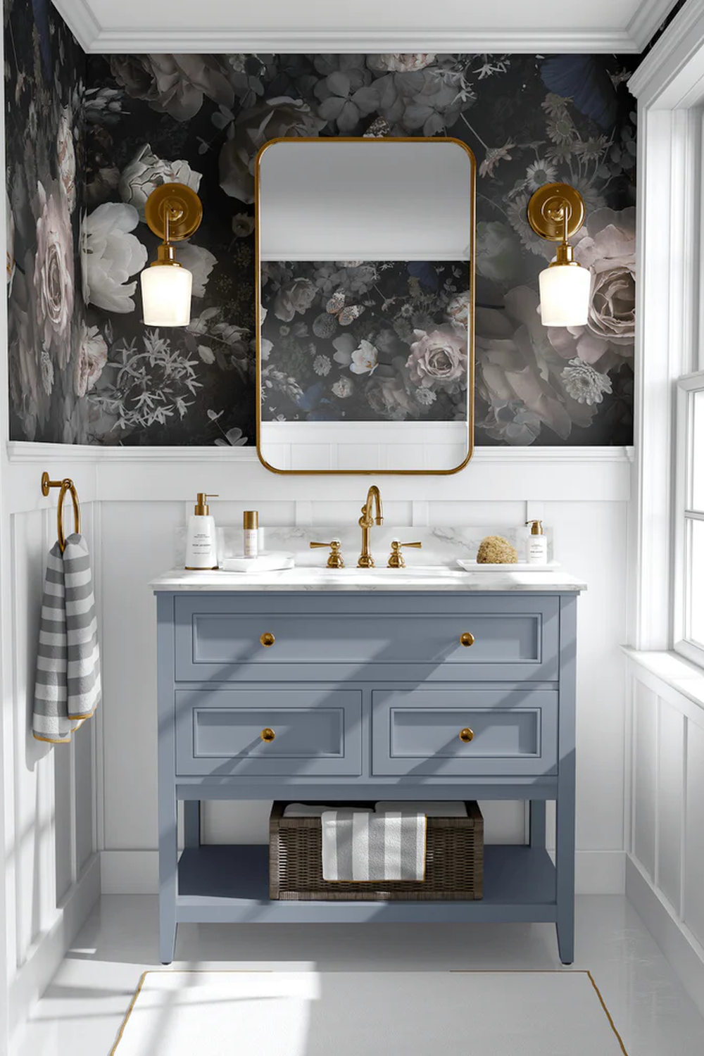 Beautifully designed bathroom with moody floral wallpaper and serene colors.