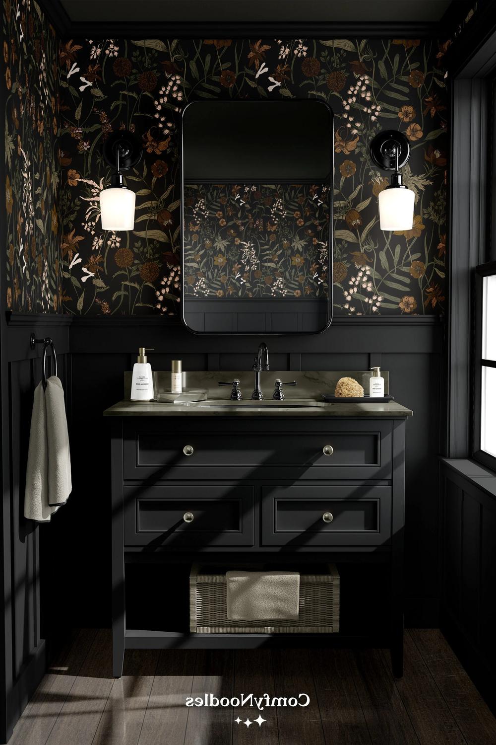 Stylish bathroom with dark wallpaper featuring floral designs.