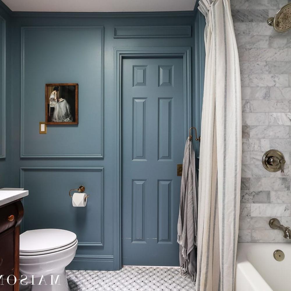 A moody blue bathroom featuring intricate molding, calming wall paints, and artistic decor.