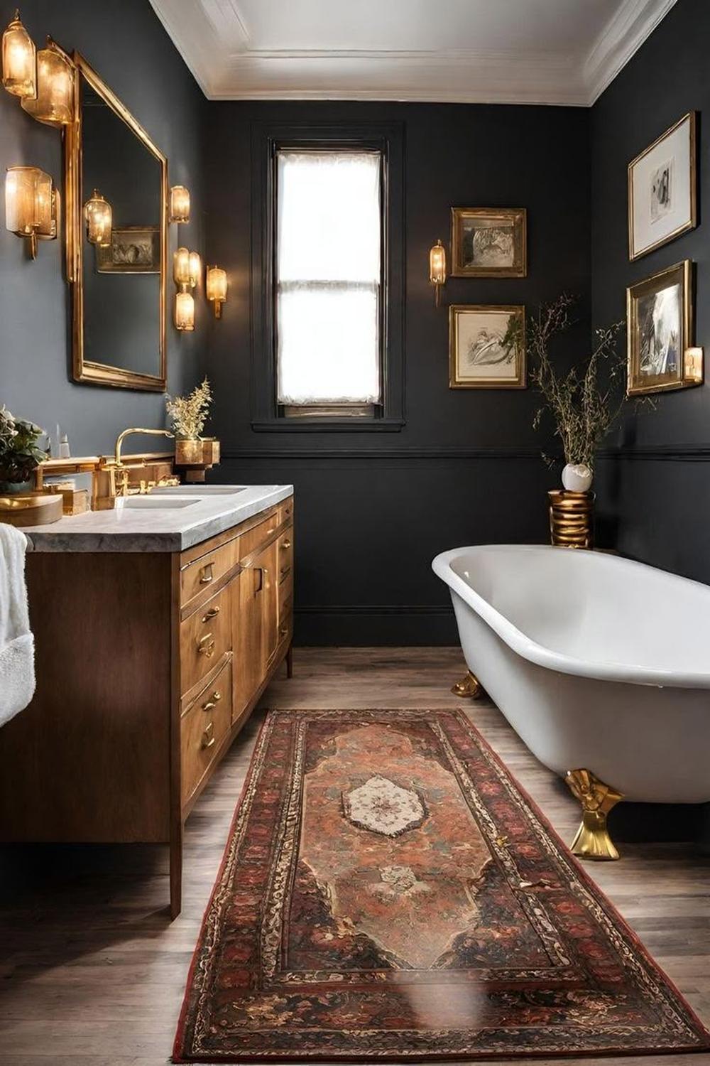 A moody vintage bathroom with dark gray walls and warm accents, showcasing a freestanding bathtub and vintage elements.