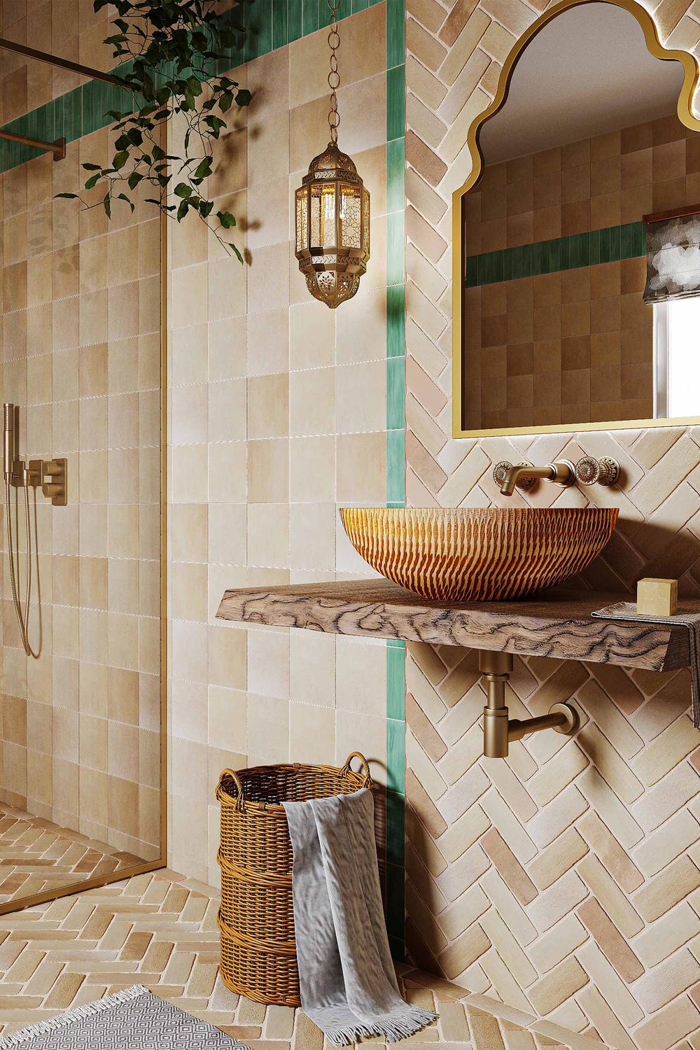 Moroccan-inspired bathroom featuring herringbone tiles and a wooden vanity