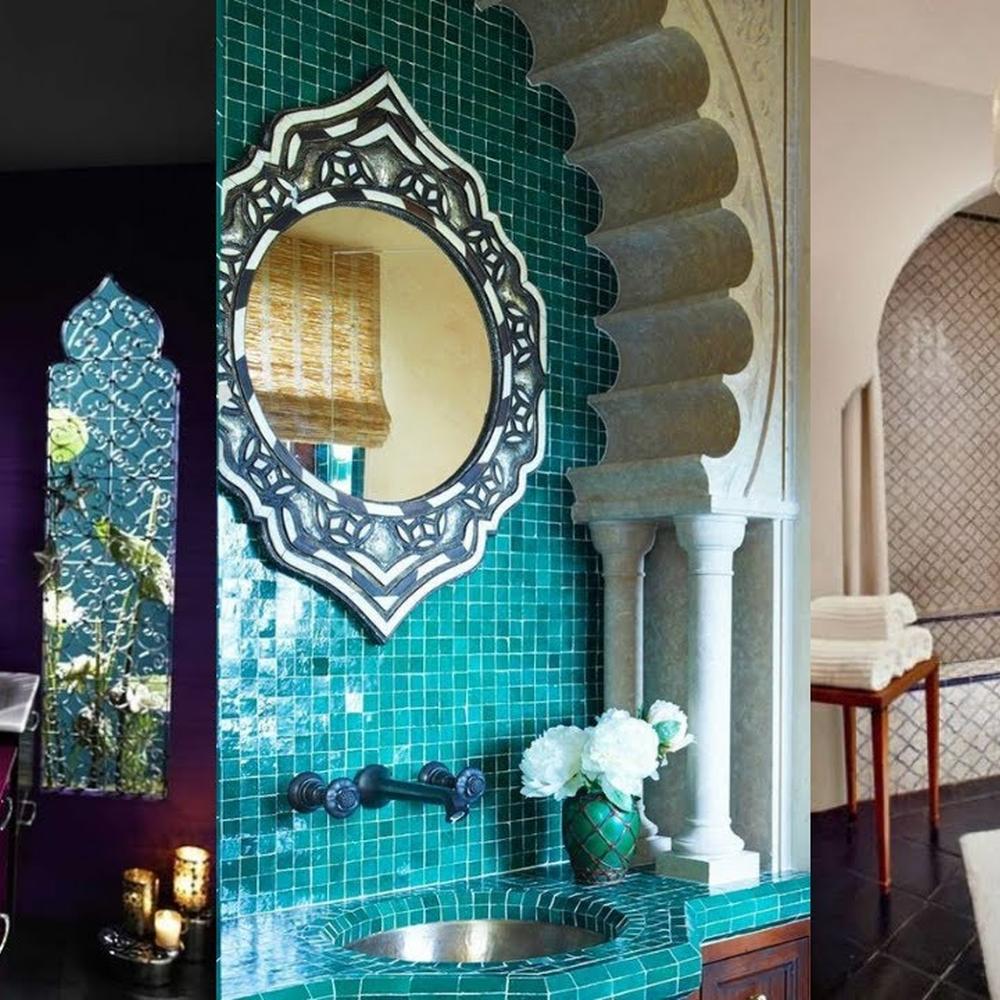 Moroccan bathroom with turquoise mosaic tiles and floral decor