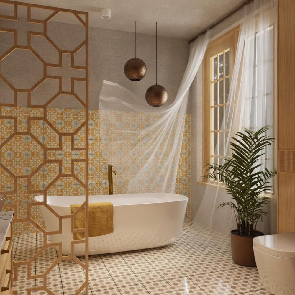 Modern Moroccan bathroom with elegant geometric tiles and warm fixtures