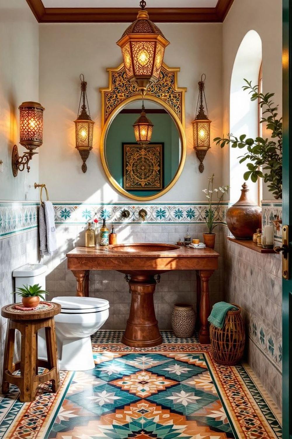 Baño marroquí con mosaico de colores terracota