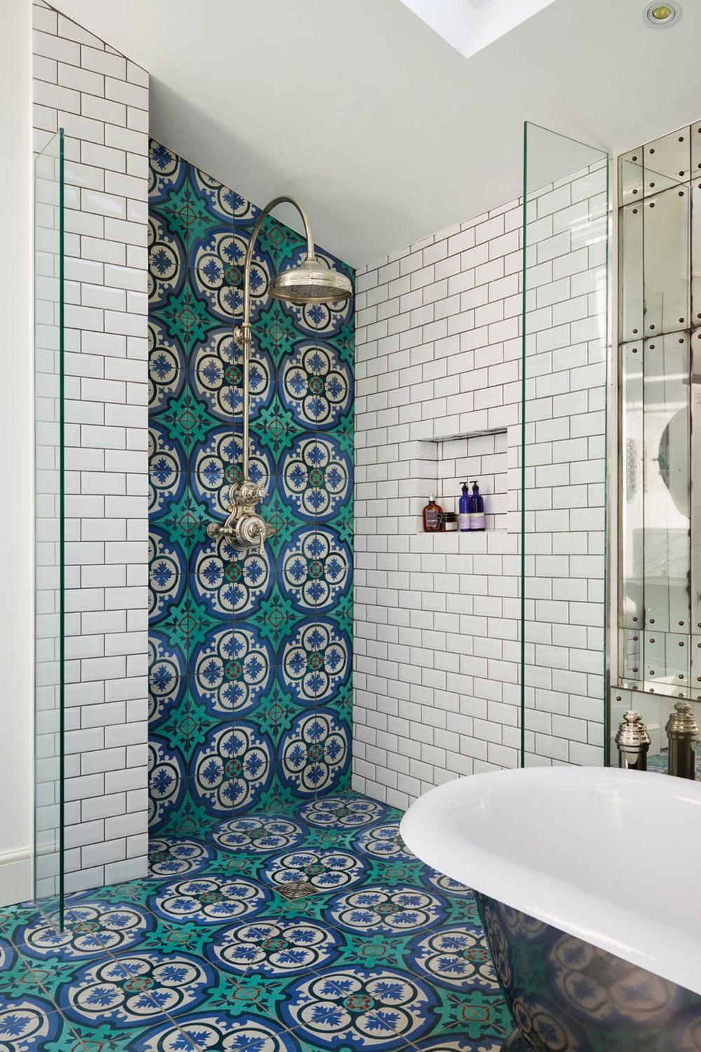 A beautifully designed bathroom showcasing vibrant Moroccan tile patterns.