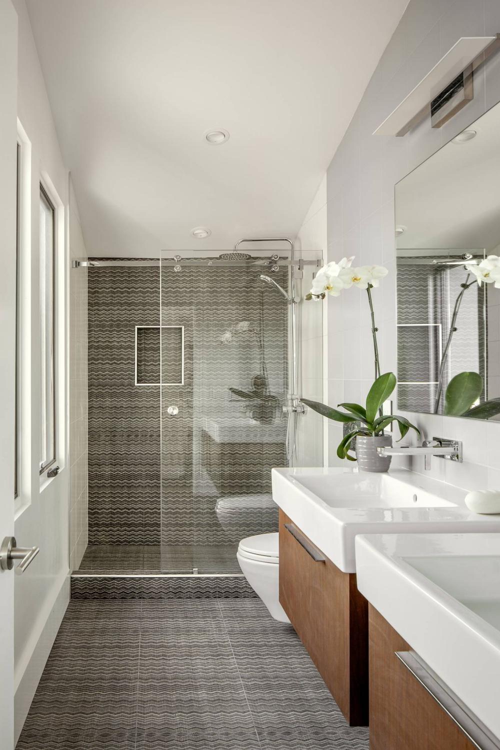 Narrow bathroom featuring modern lines and minimalist decor