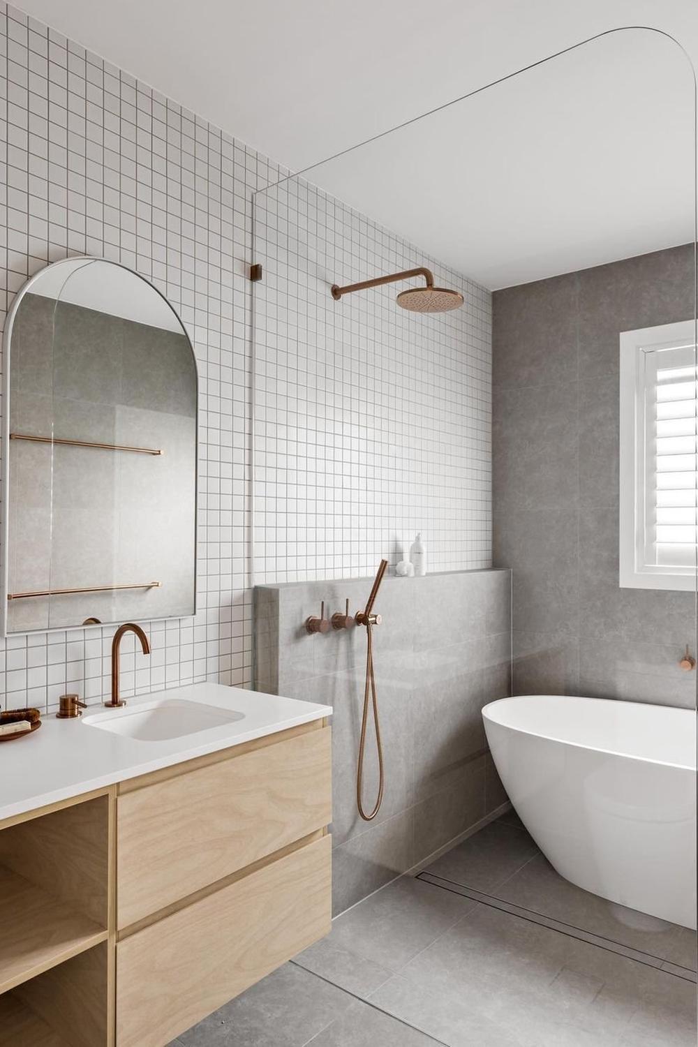 Modern narrow bathroom with minimalist aesthetics and natural wood finishes