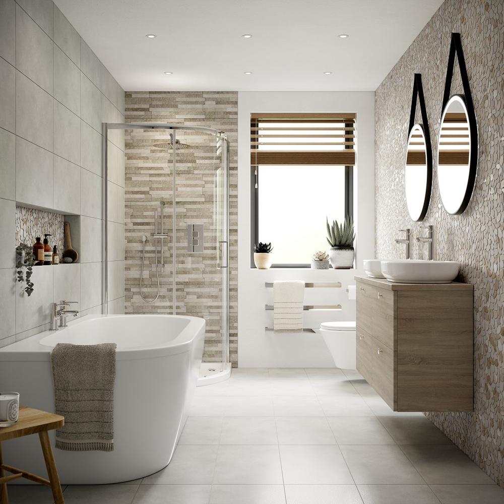 A freestanding white bathtub positioned for relaxation