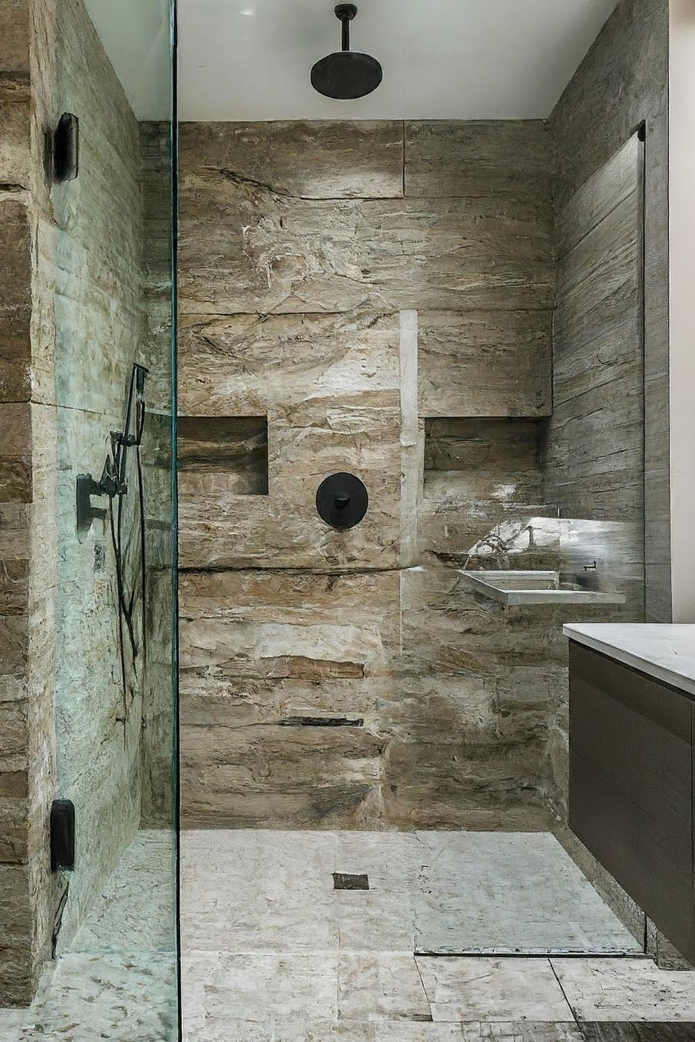 Natural materials like stone and wood blend harmoniously in the bathroom
