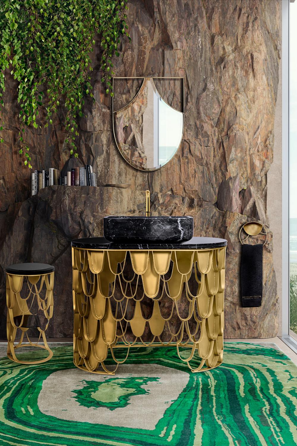 A sophisticated bathroom with a unique circular vanity and lush greenery