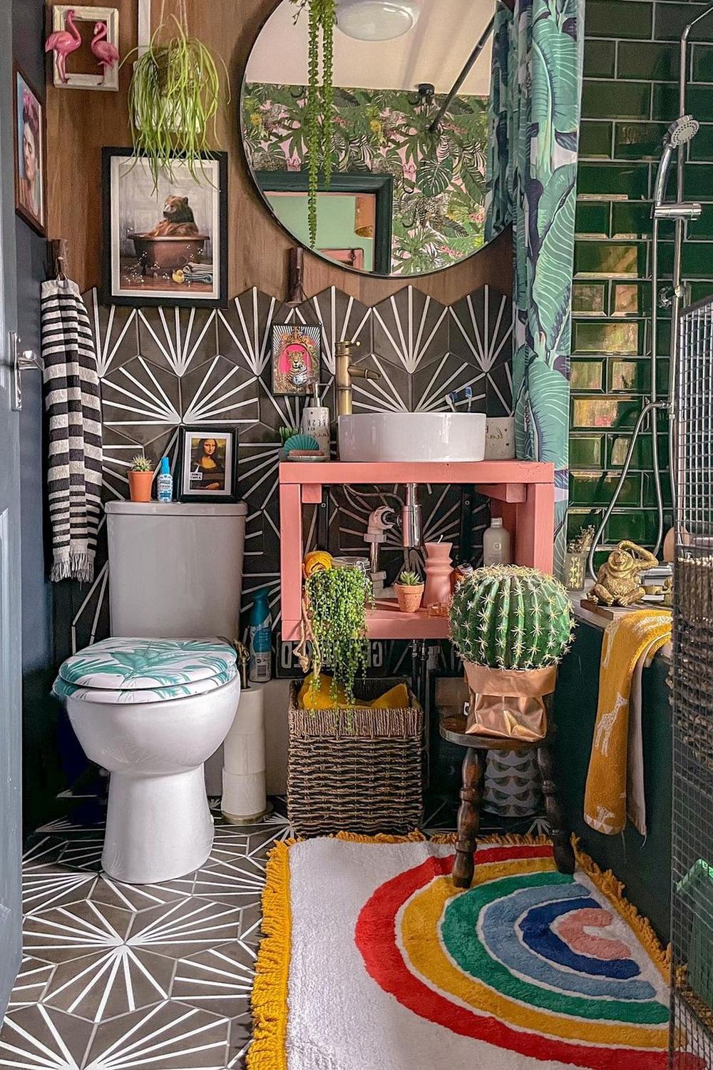 A vibrant bathroom showcasing an eclectic mix of color and botanical themes