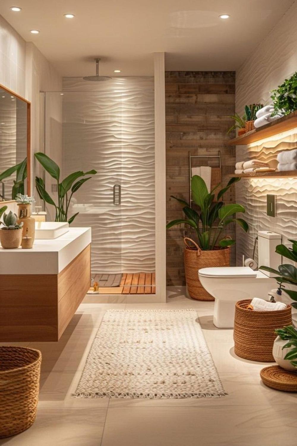A tranquil bathroom featuring textured walls and organic materials