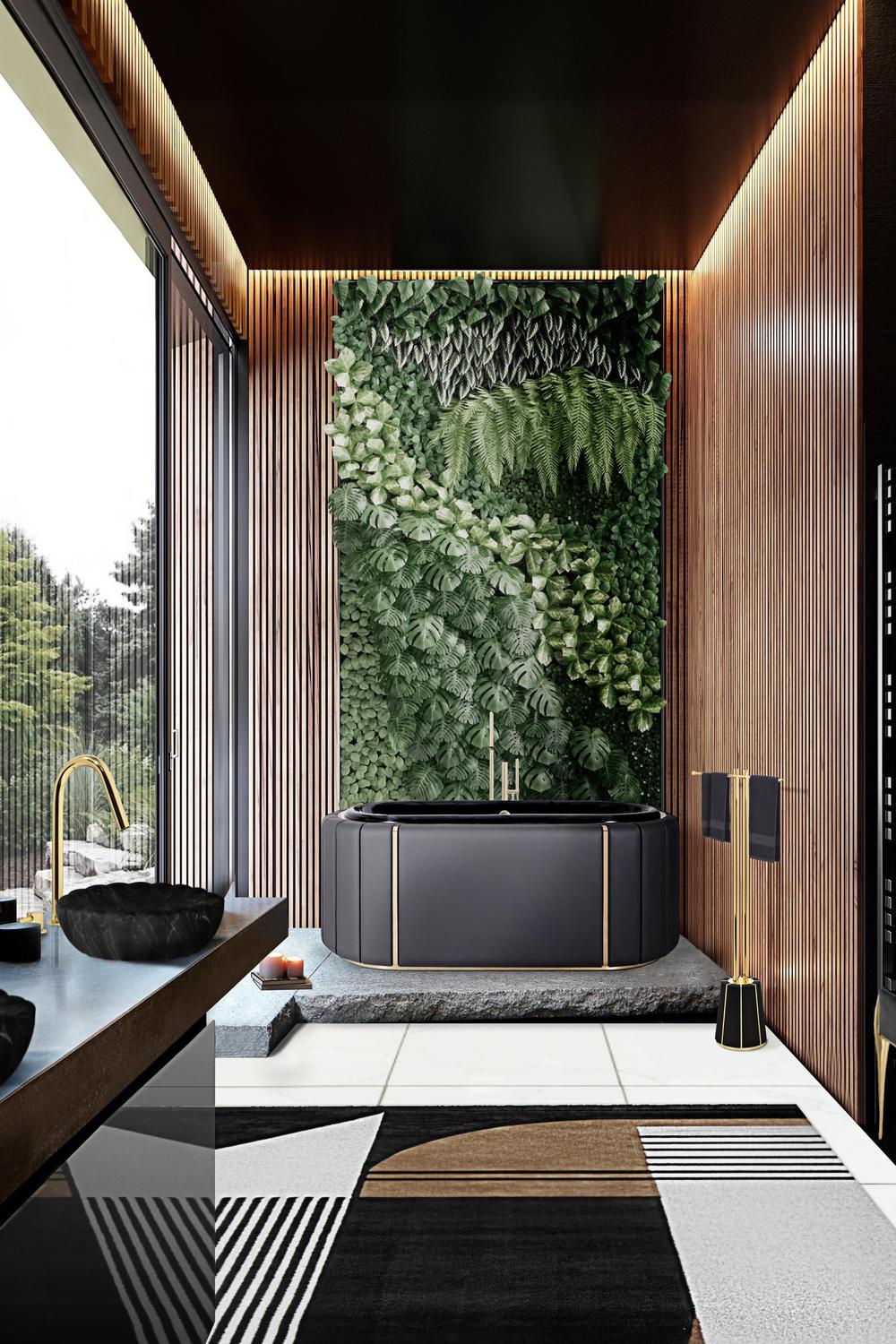 A stylish modern bathroom with a vertical garden and luxurious bathtub