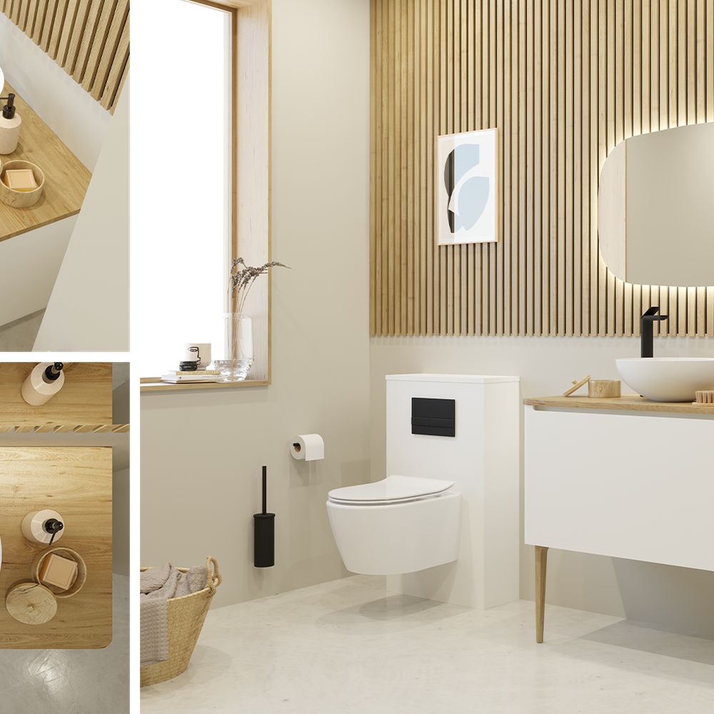 A chic nature-inspired bathroom filled with natural elements and a minimalist design