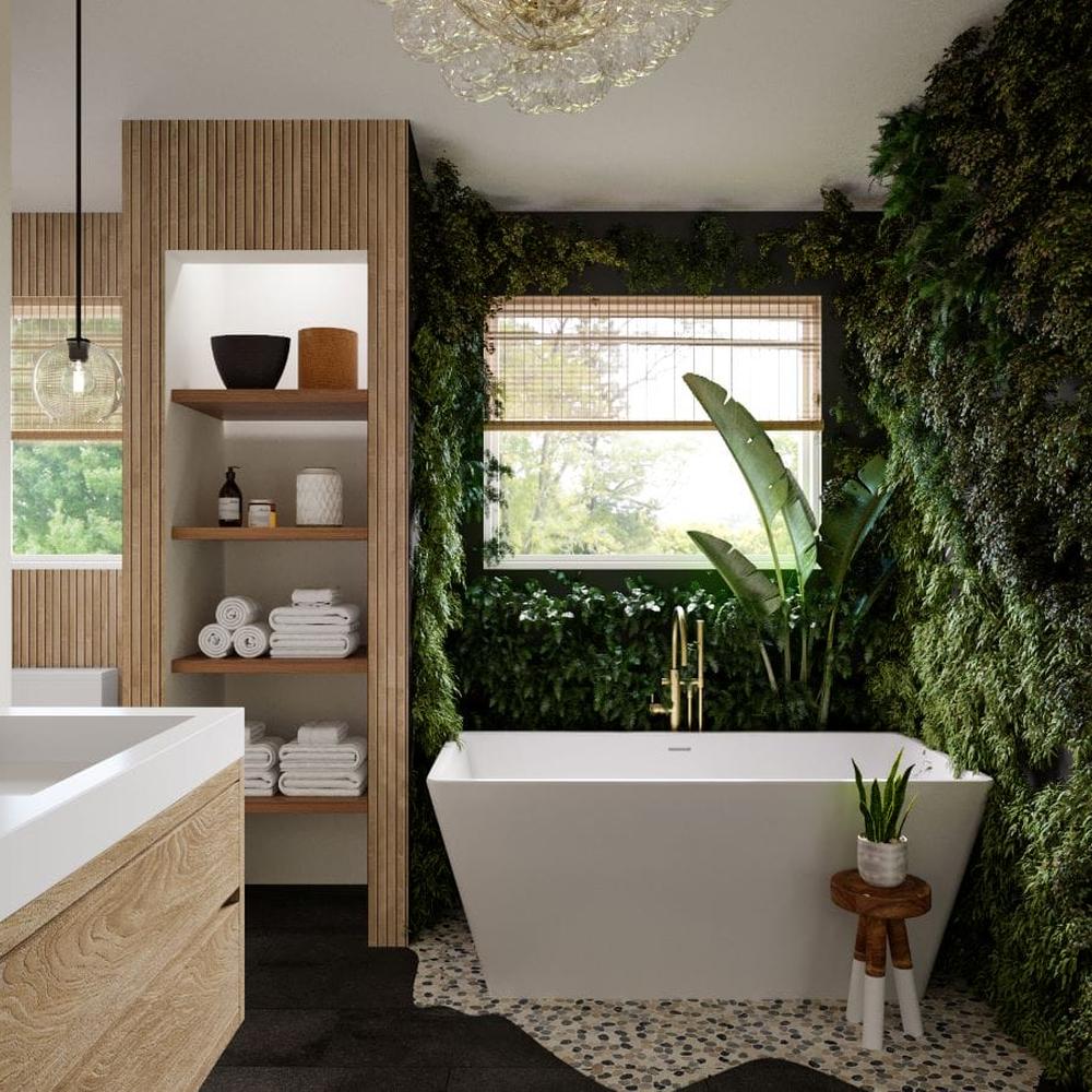 A calming bathroom showcasing unique natural textures and a minimalist design