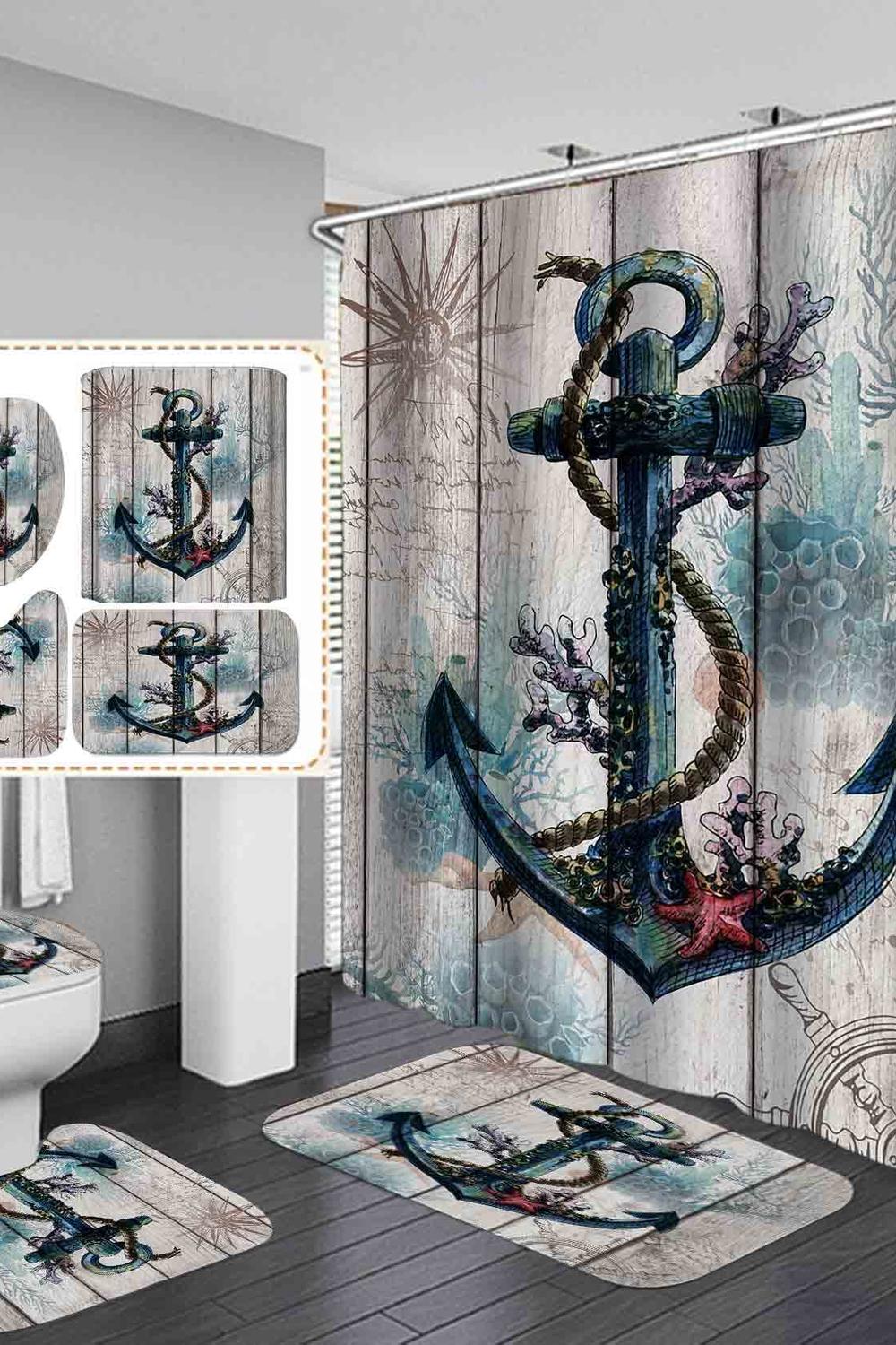 Baño náutico con cortinas y alfombras a juego