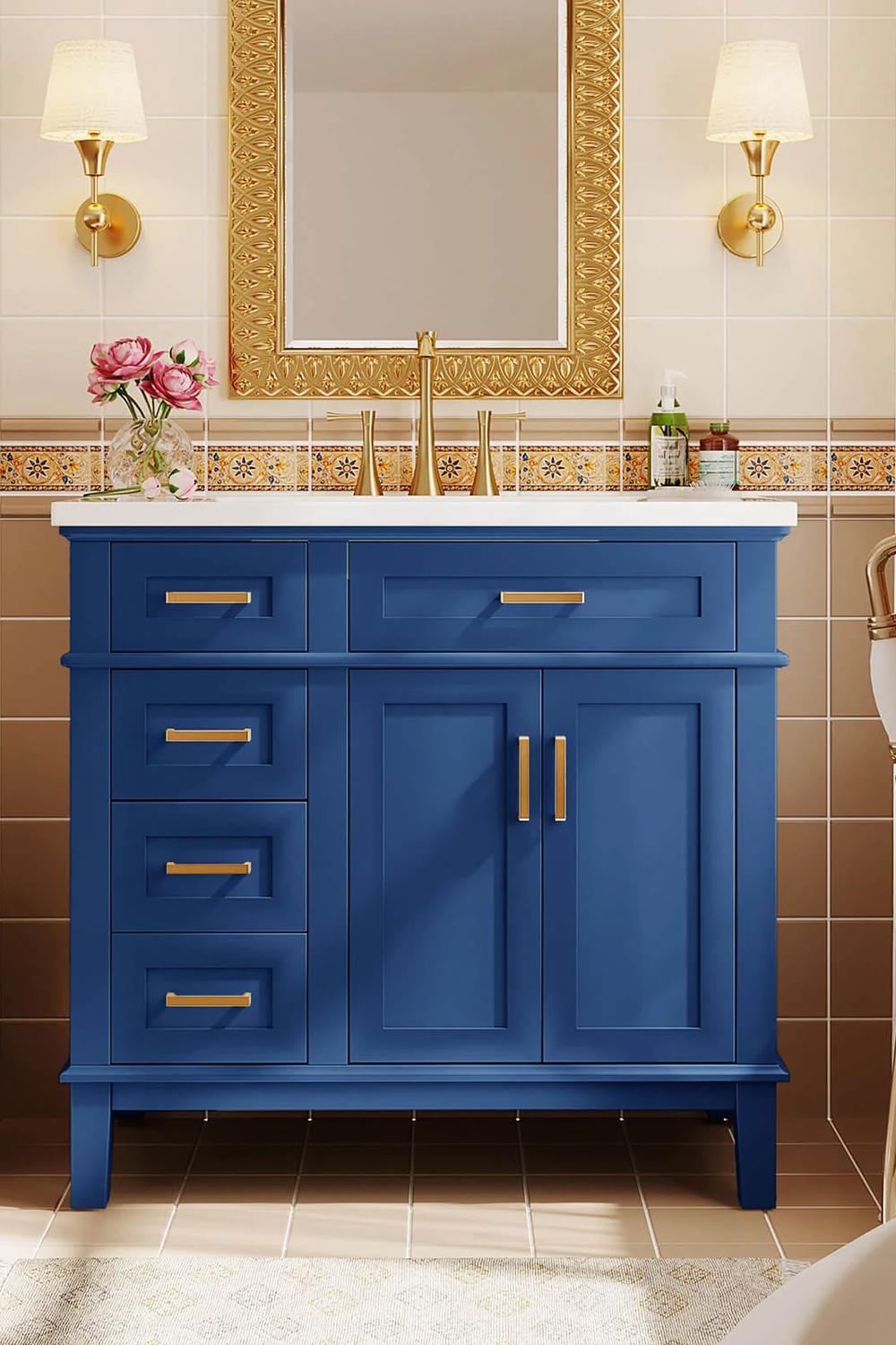 Vanidad moderna azul marino con detalles dorados y elegante diseño