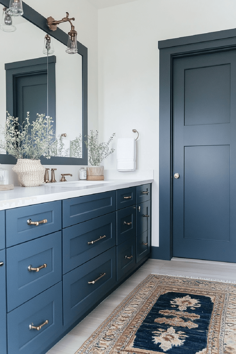 Baño moderno y estilizado con elementos en azul y blanco que crean un ambiente armonioso