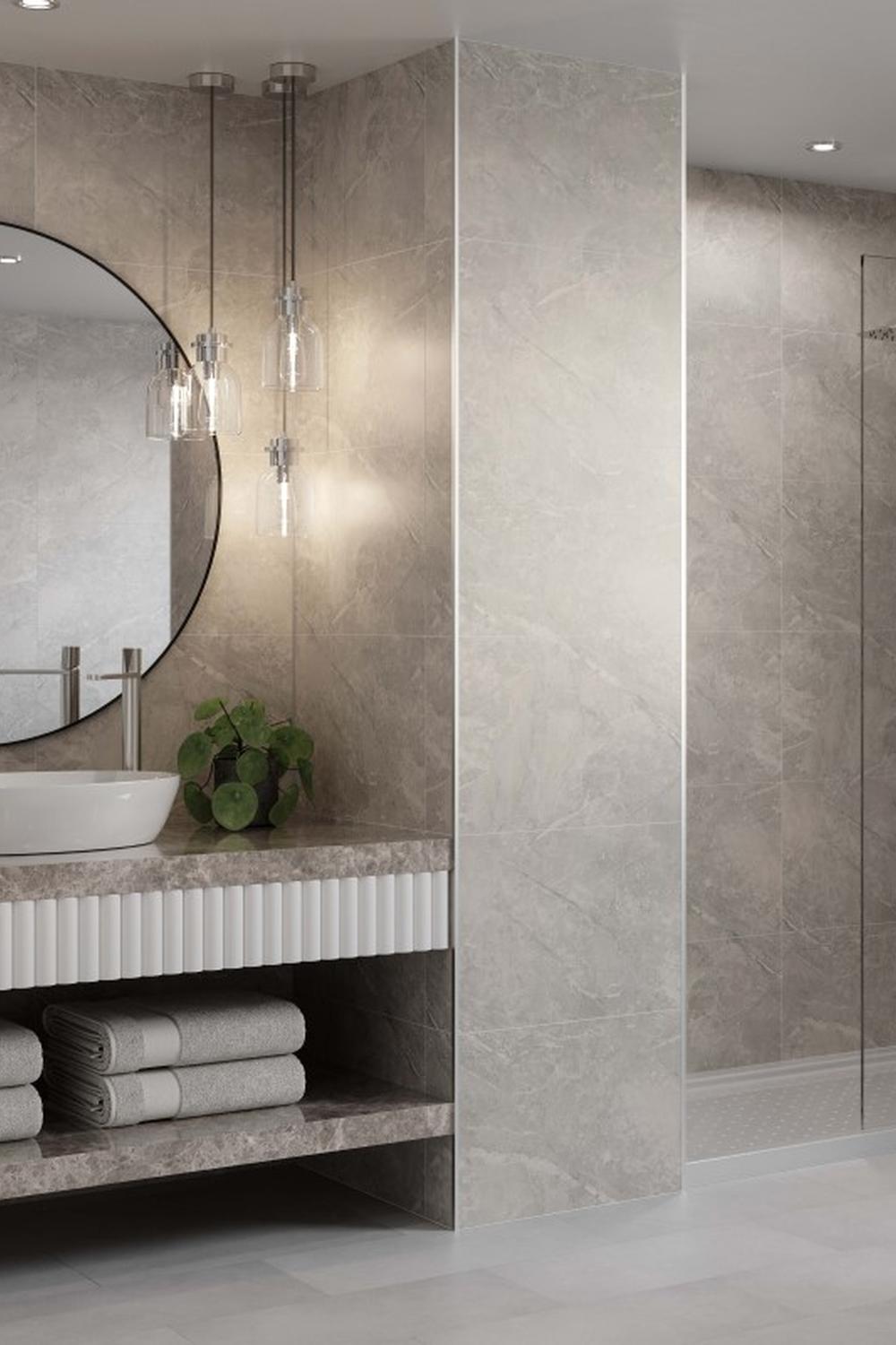 Modern minimalist bathroom showcasing elegant designs and colors.