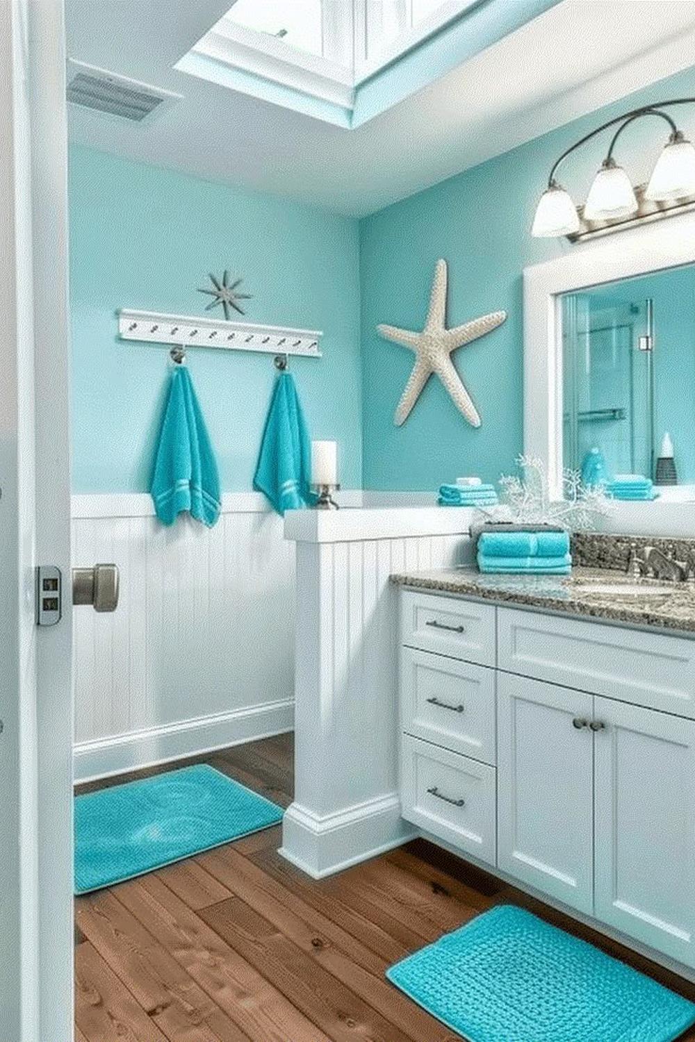 An inviting bathroom with a turquoise color palette and cozy accents.