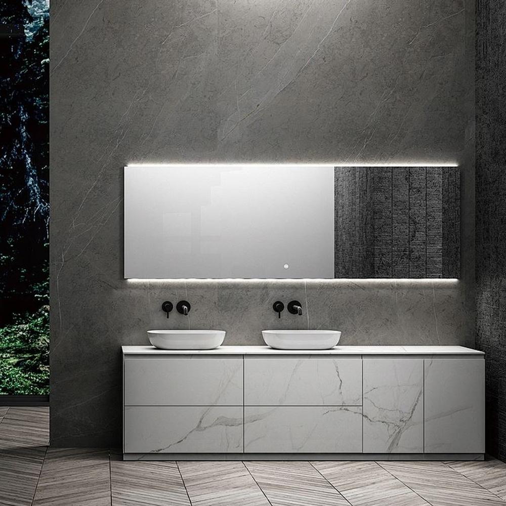 Rinconera de lavabo moderna con dos lavabos integrados y grifos de pared