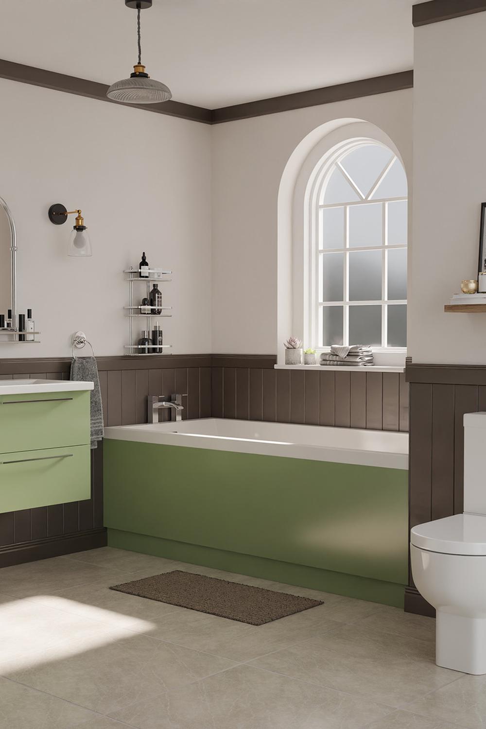 An elegant bathroom detailing subtle olive green accents.