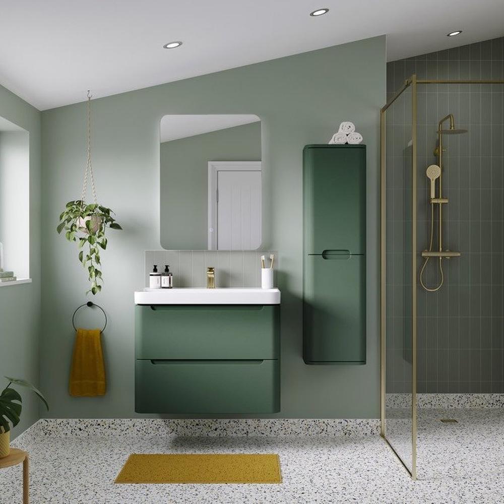 A modern bathroom featuring earthy tones and olive green accents.