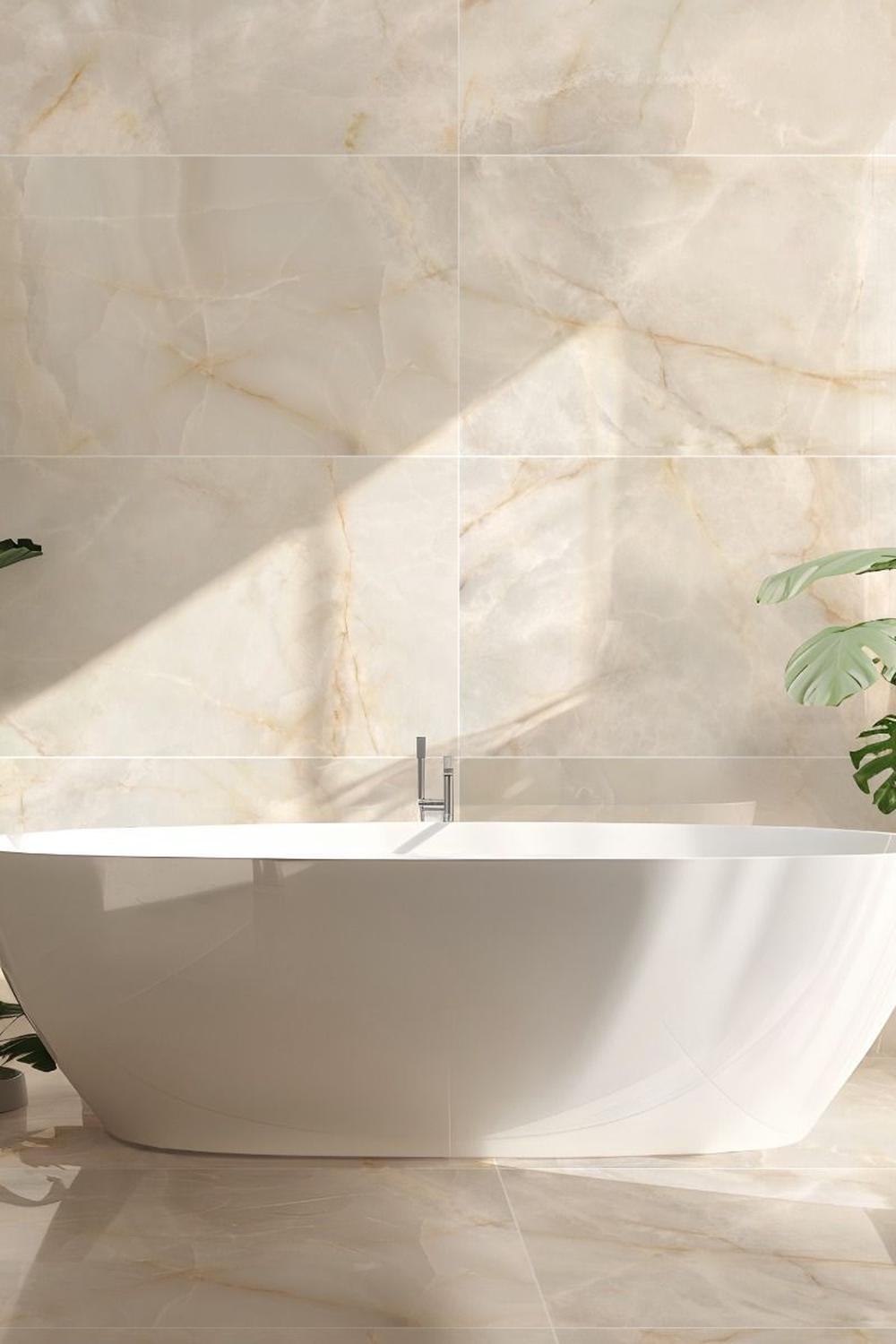 Baño moderno con azulejos de ónix y un acabado de lujo