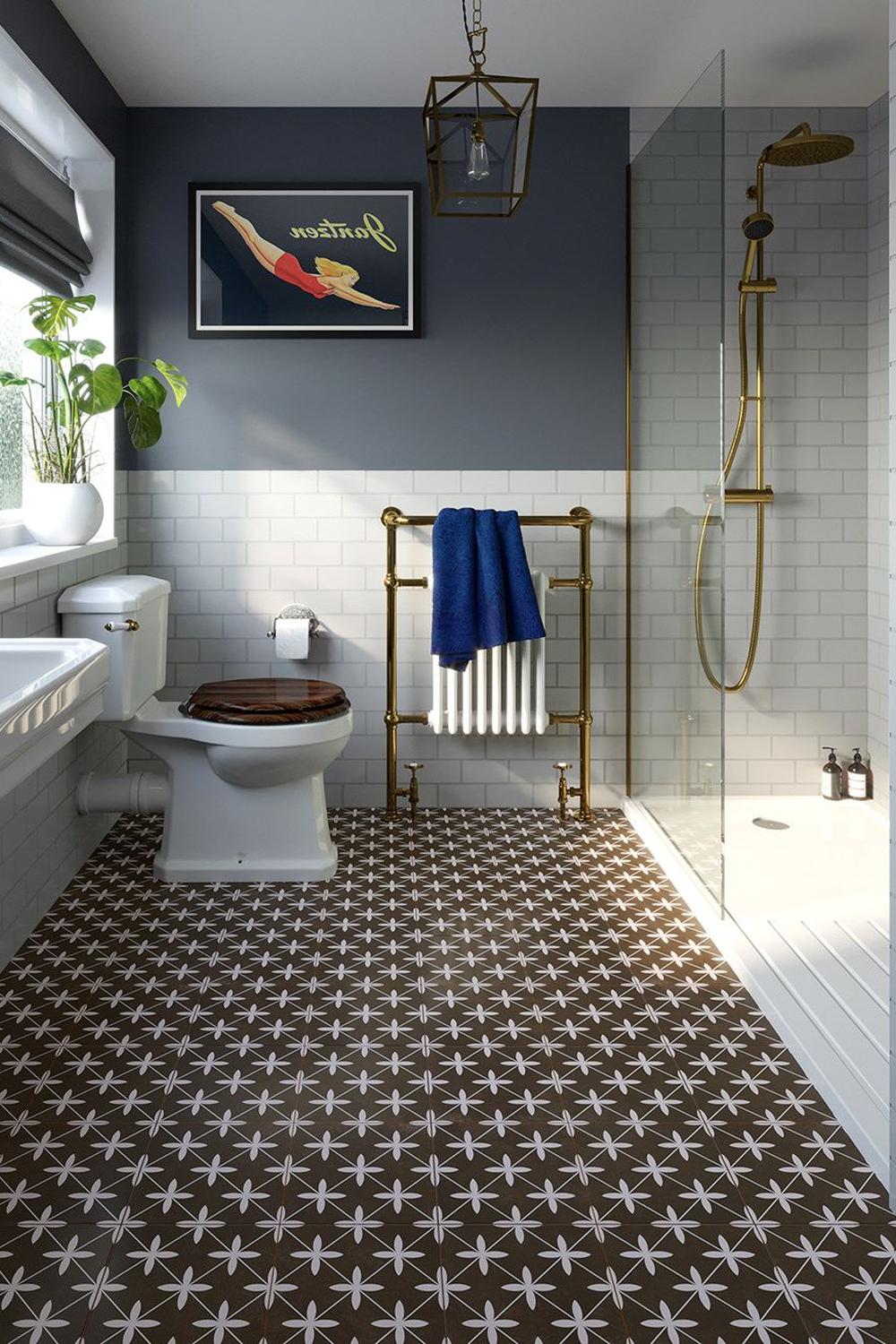 Stylish bathroom featuring intricately patterned onyx-inspired tiles.