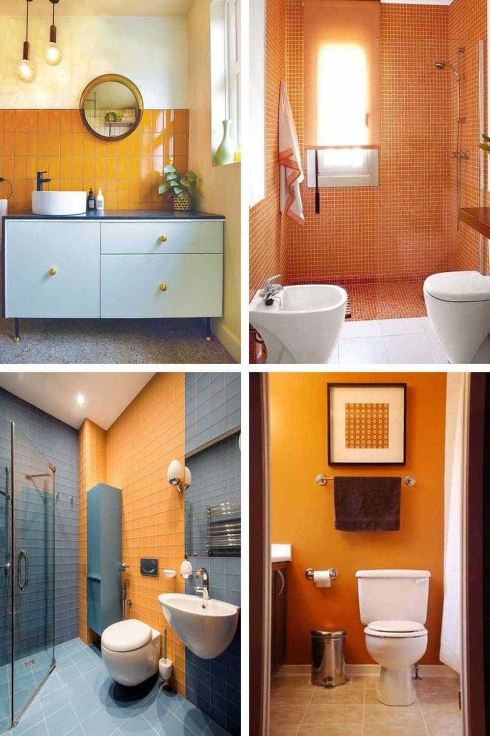 A collage showcasing four distinct bathroom designs with bold orange themes.