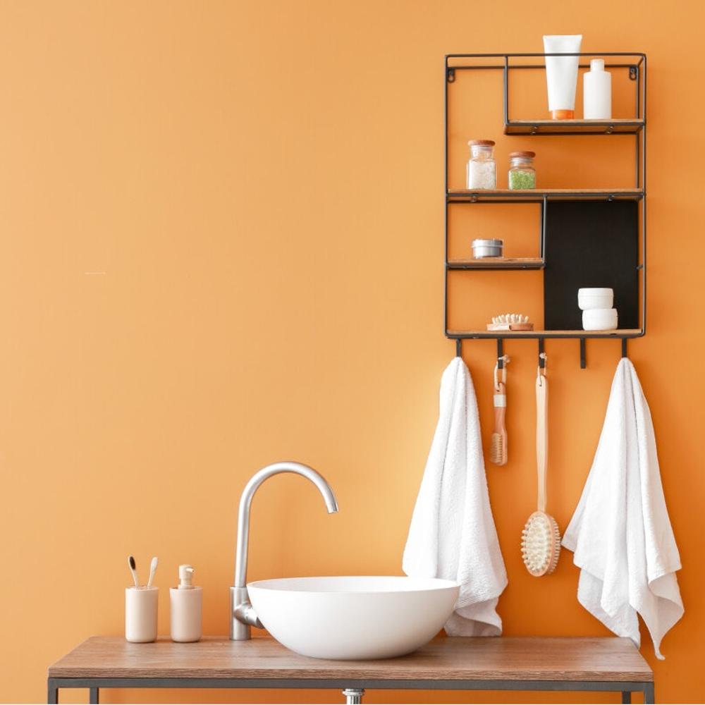 A contemporary bathroom featuring a floating shelf with bathroom essentials above a round sink.