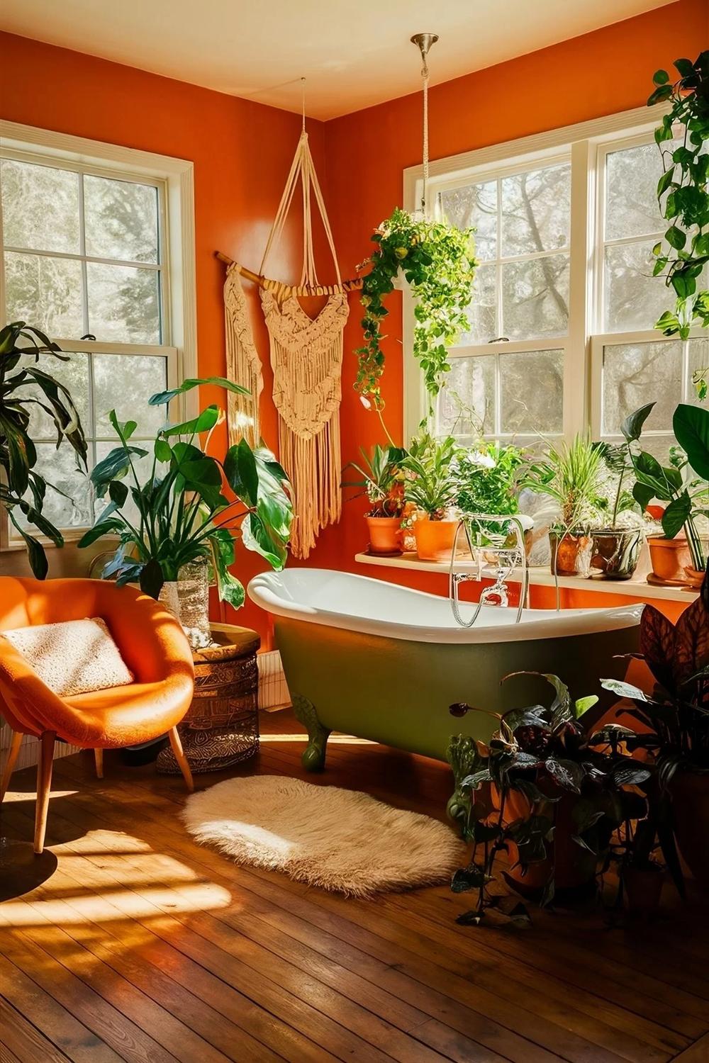 A vibrant bathroom featuring warm orange walls, vintage bathtub, and abundant plants.