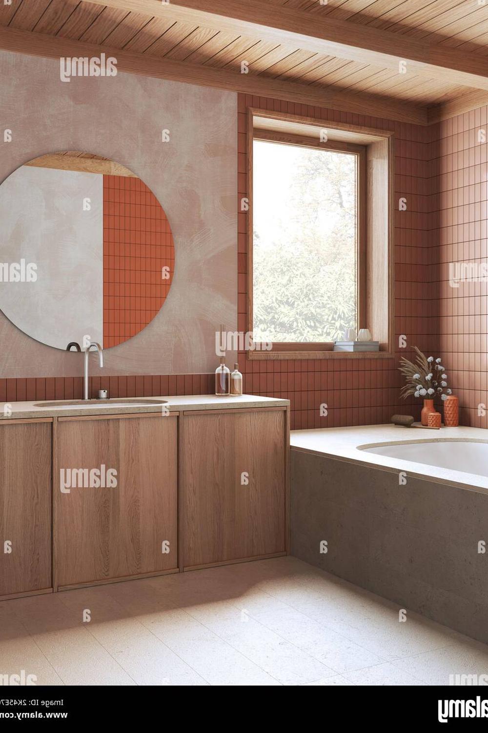A bohemian bathroom featuring terracotta tiled walls and a modern wood vanity.