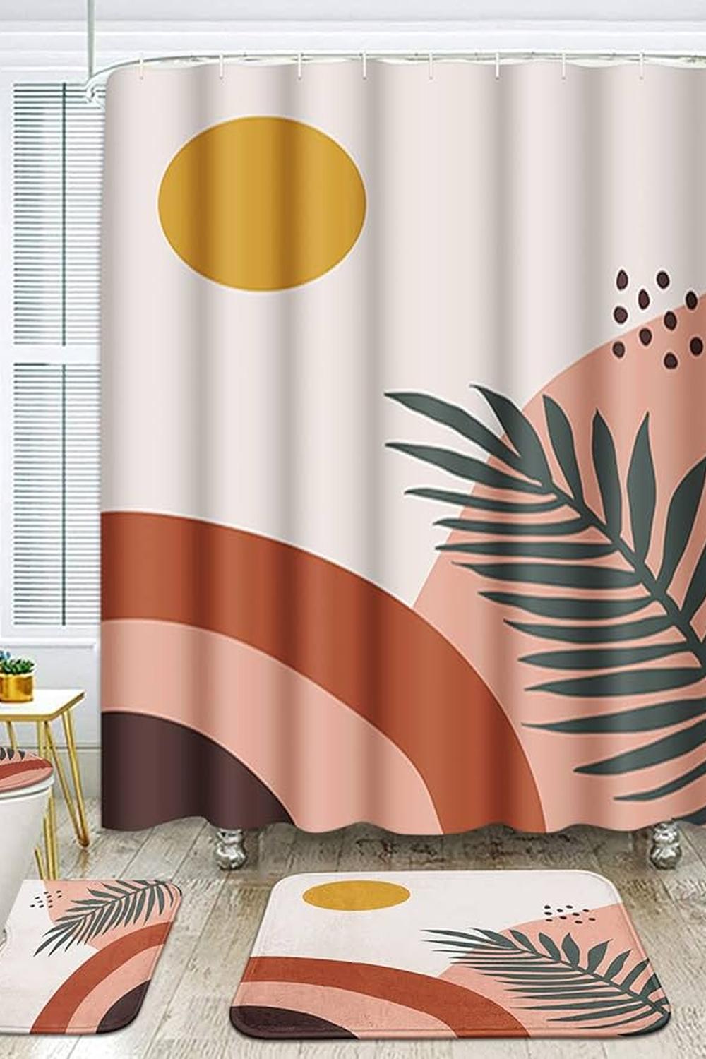 A cozy bathroom featuring an abstract shower curtain and warm earthy colors.