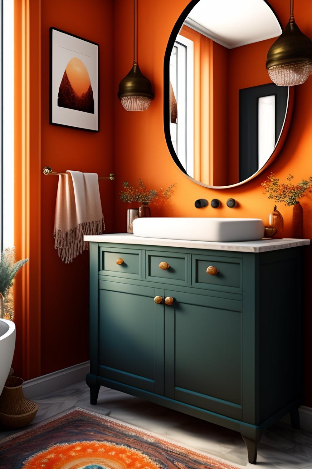 A vibrant bathroom showcasing a deep orange color scheme.